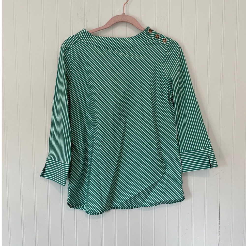 Chicos Top Womens 0P Green White Striped Boatneck 3/4 Sleeve Button Shoulder